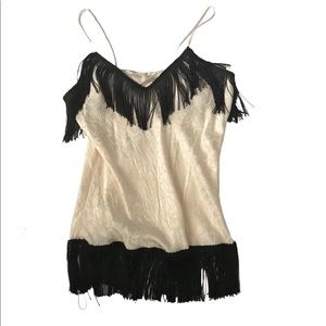 Vintage 90's Roaring 20's Fringe Cami Camisole Tank Top, Cream Flapper Small